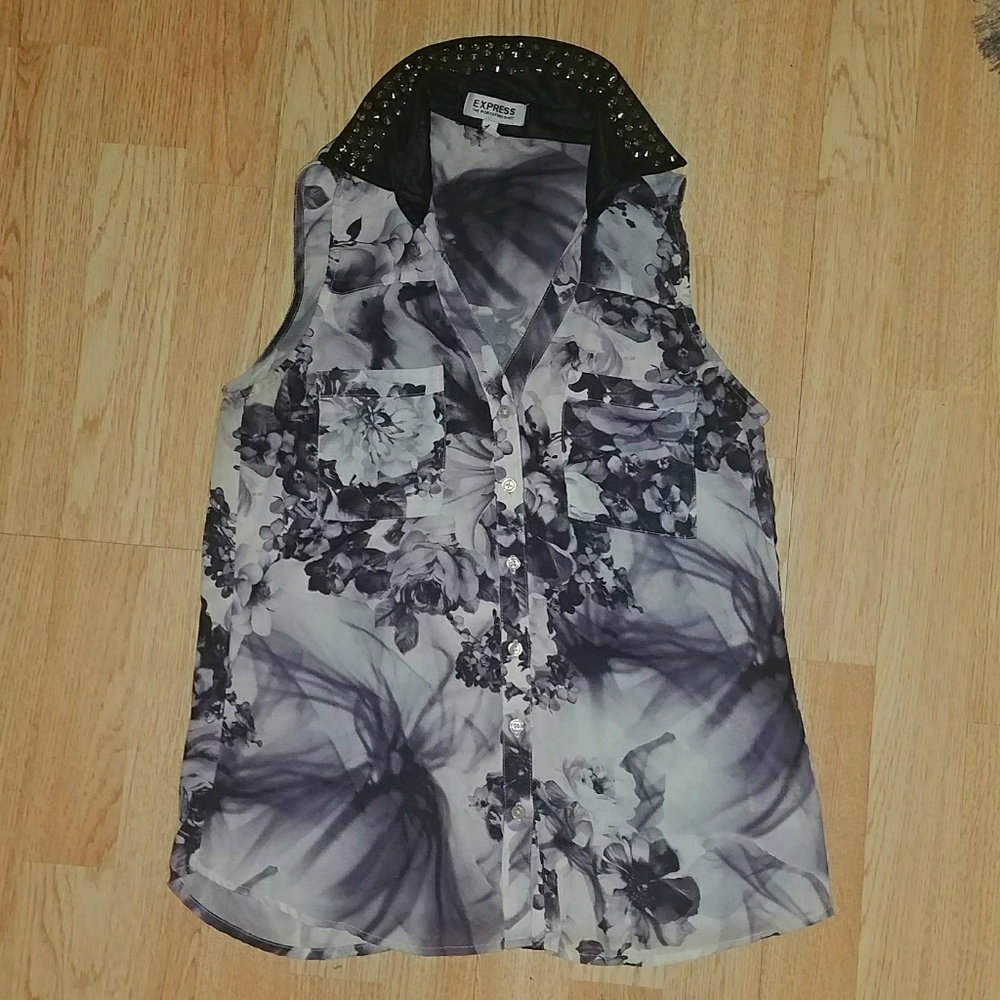 Express Floral Top with Studded Leather Collar